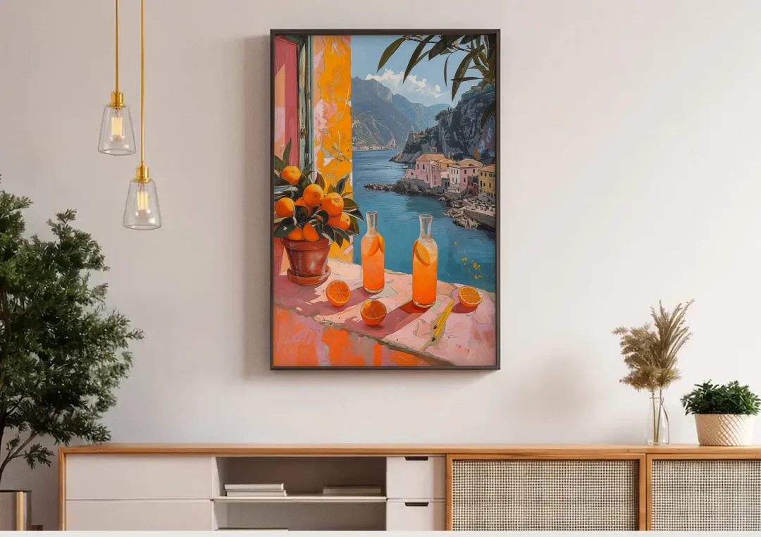 Spritz Painting at a Seaside Window canvas wall art above a wooden sideboard under pendant lights
