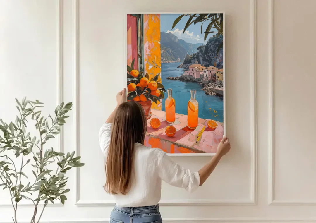 Spritz Painting at a Seaside Window canvas wall art being hung on a paneled wall