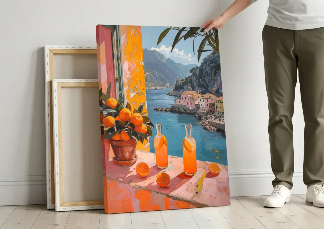 Spritz Painting at a Seaside Window canvas wall art leaning against a wall next to blank canvases