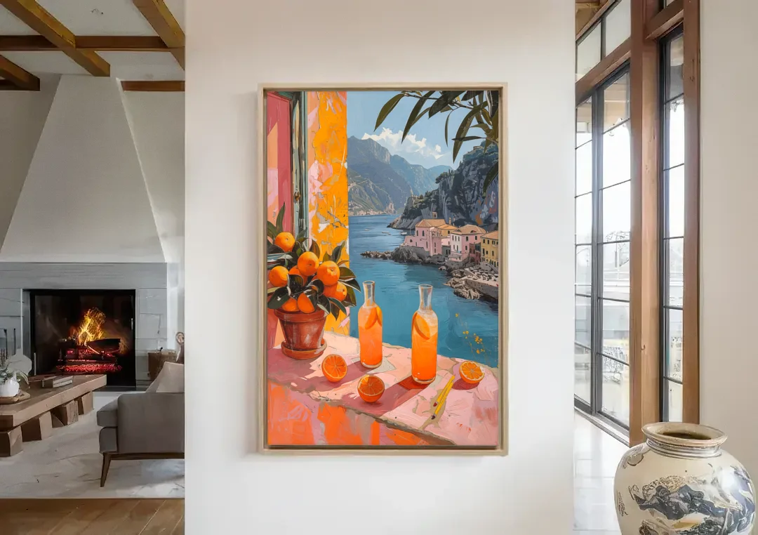 Spritz Painting at a Seaside Window canvas wall art in a living room with a fireplace