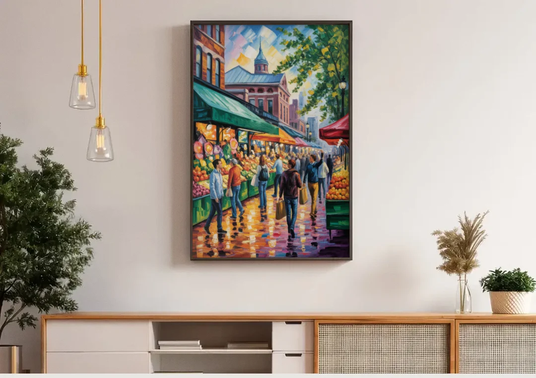 St Lawrence Market Scene canvas wall art above a wooden sideboard under pendant lights