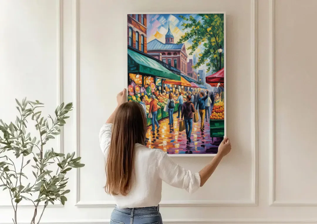 St Lawrence Market Scene canvas wall art being hung on a paneled wall