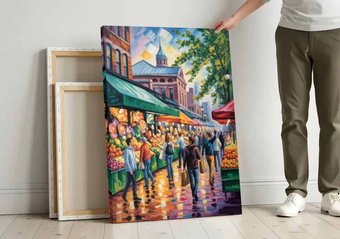 St Lawrence Market Scene canvas wall art leaning against a wall next to blank canvases