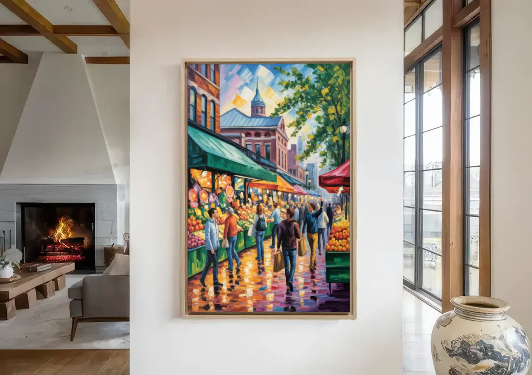 St Lawrence Market Scene canvas wall art in a living room with a fireplace
