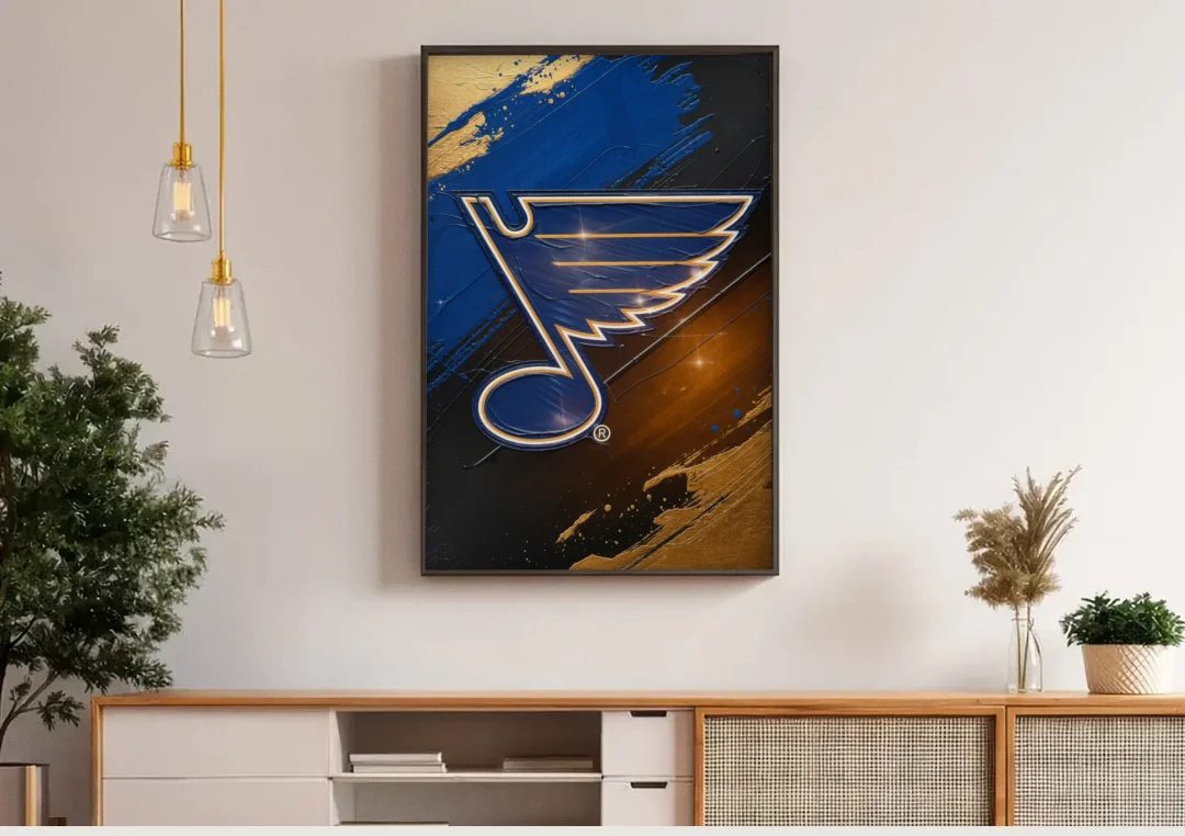 St. Louis Blues Hockey Theme canvas wall art above a wooden sideboard under pendant lights