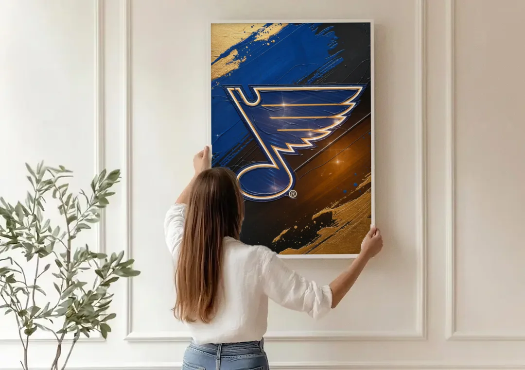 St. Louis Blues Hockey Theme canvas wall art being hung on a paneled wall