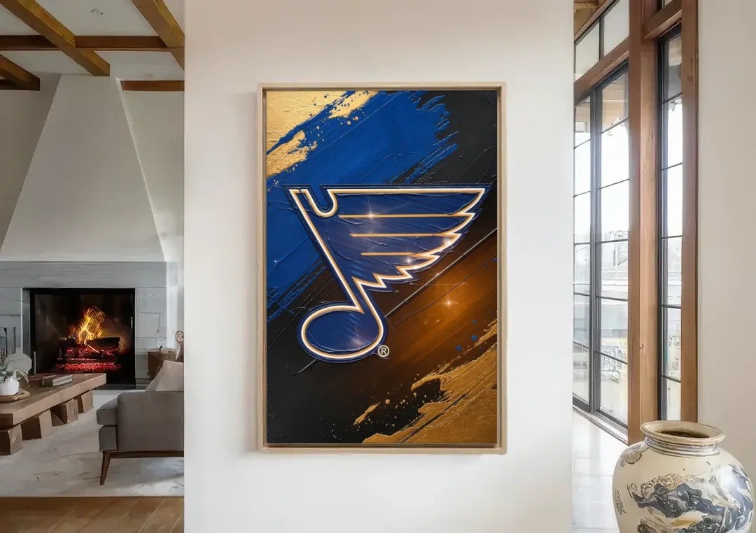 St. Louis Blues Hockey Theme canvas wall art in a living room with a fireplace