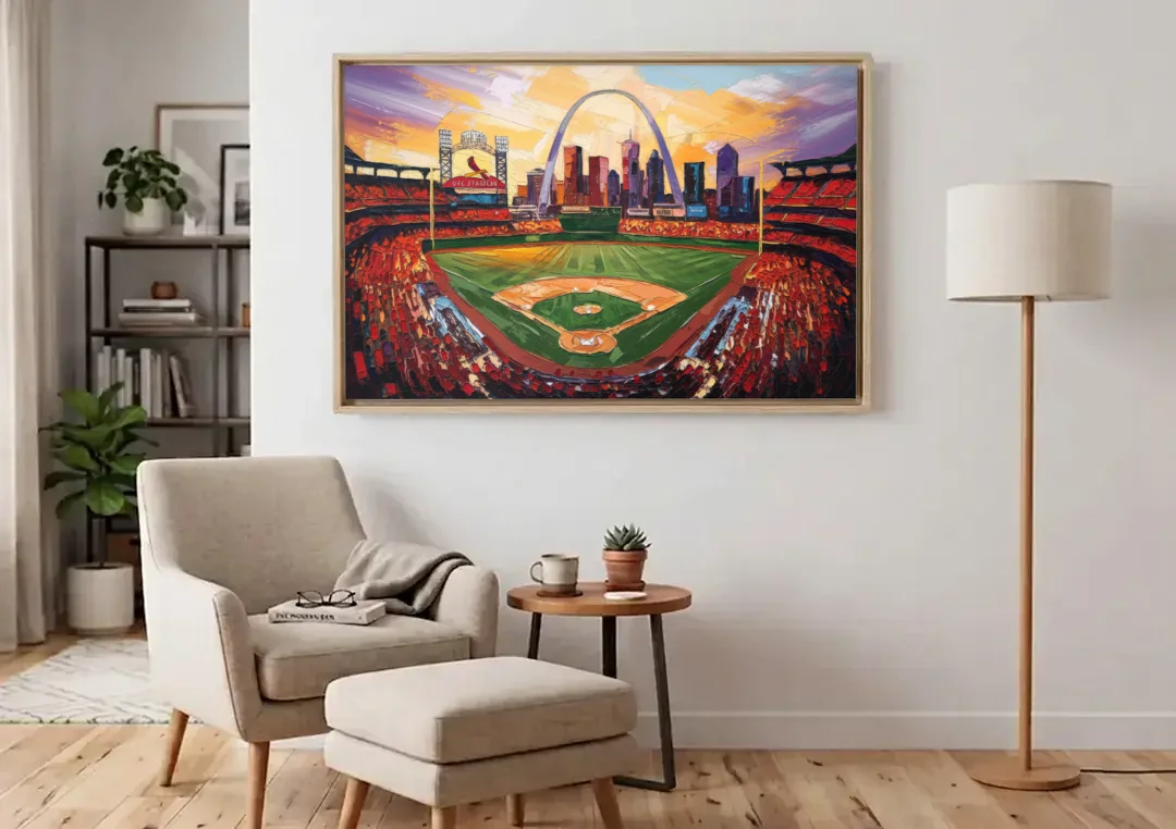 St. Louis Cardinals Busch Stadium canvas wall art above an armchair in a bright living room