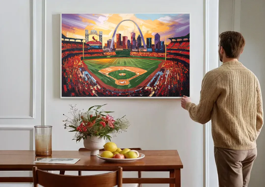 St. Louis Cardinals Busch Stadium canvas wall art above a dining table