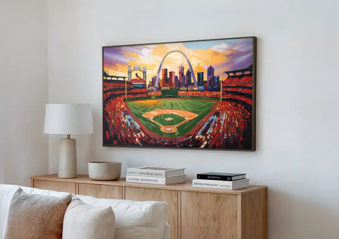 St. Louis Cardinals Busch Stadium canvas wall art above a wooden sideboard next to a sofa