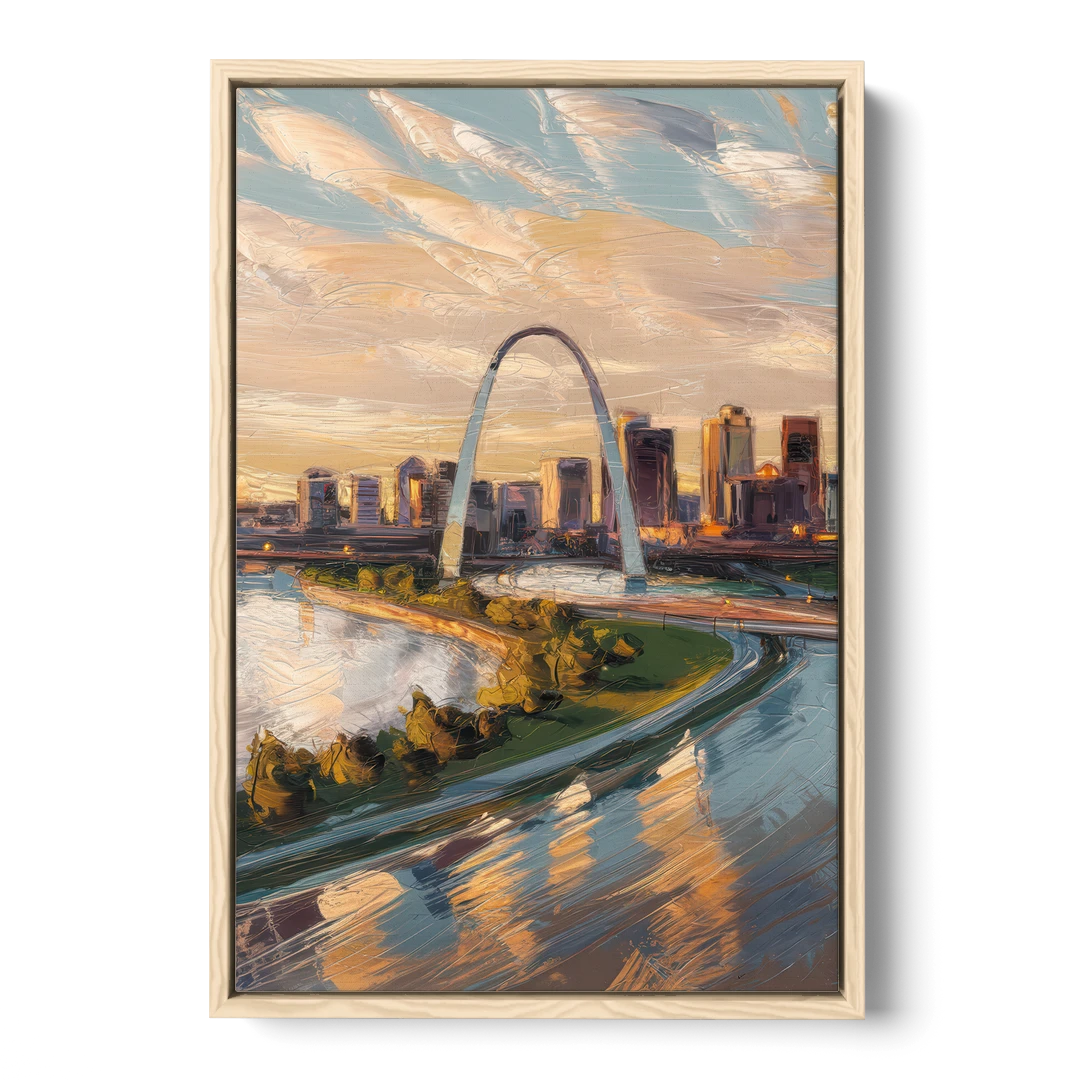 St. Louis Downtown Aerial View - Oak Framed Canvas Wall Art - Front