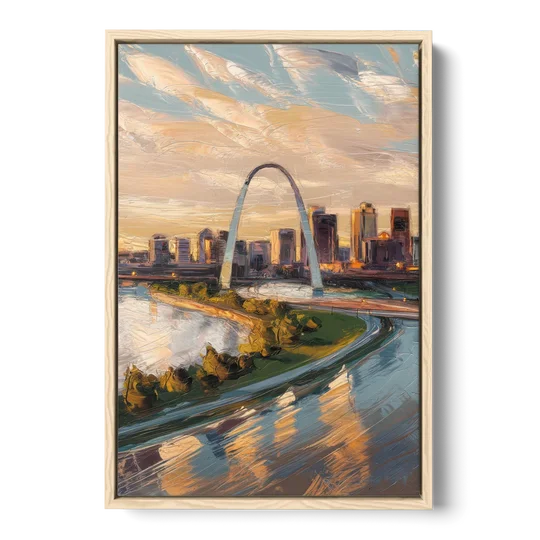 St. Louis Downtown Aerial View - Oak Framed Canvas Wall Art - Front