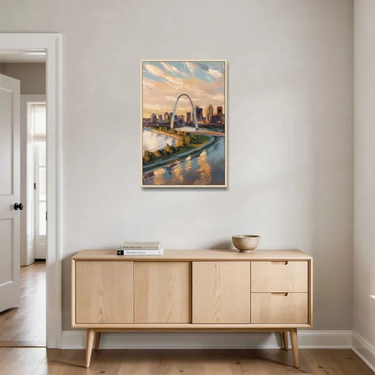 St. Louis Downtown Aerial View - Oak Framed Canvas Wall Art - Coffee Table - 24x36