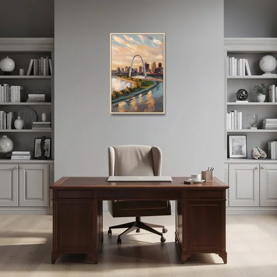 St. Louis Downtown Aerial View - Oak Framed Canvas Wall Art - Office - 24x36