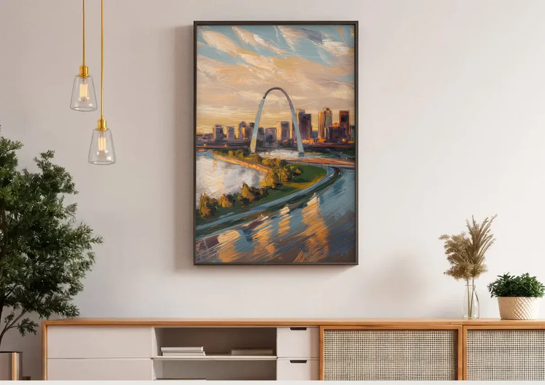 St. Louis Downtown Aerial View canvas wall art above a wooden sideboard under pendant lights