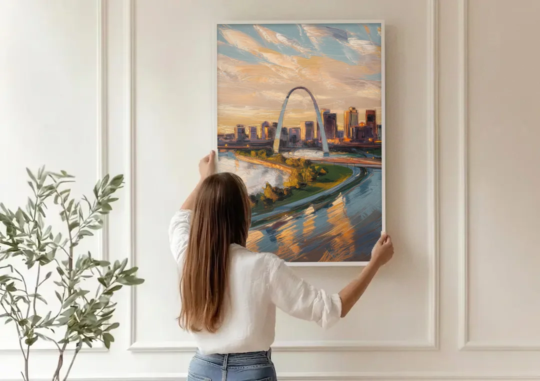 St. Louis Downtown Aerial View canvas wall art being hung on a paneled wall