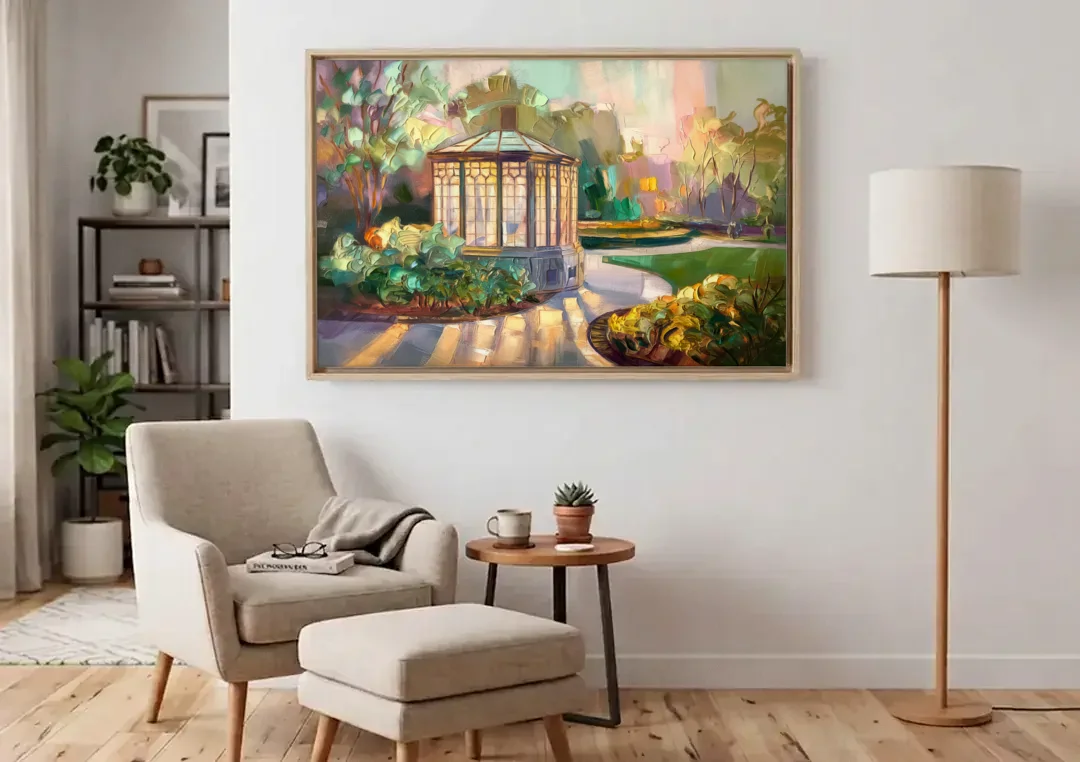 St. Louis Forest Park Landscape canvas wall art above an armchair in a bright living room