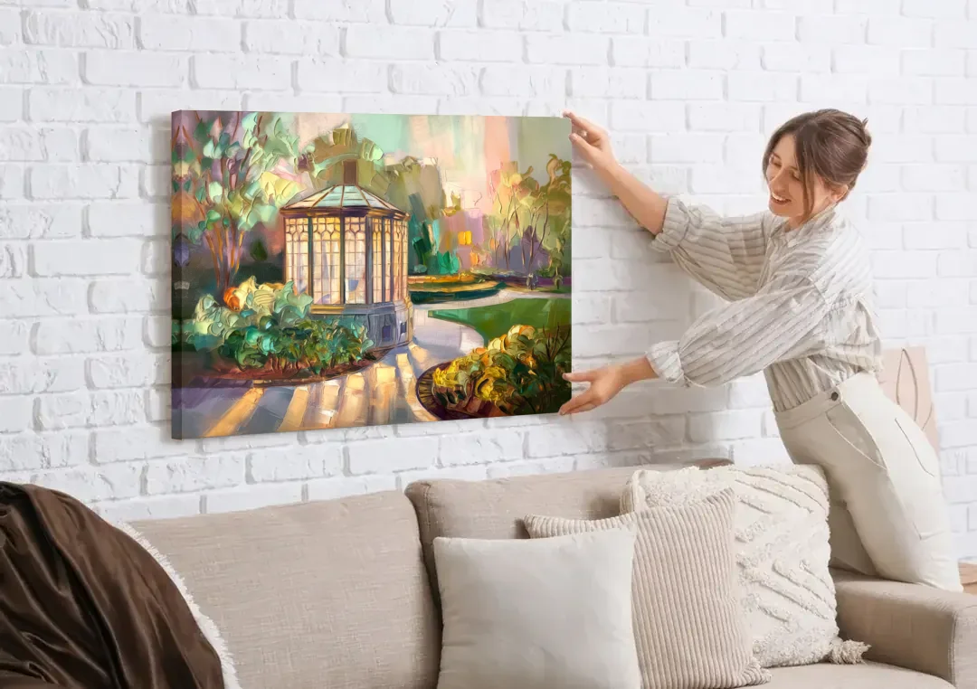 St. Louis Forest Park Landscape canvas wall art being hung on a white brick wall above a sofa
