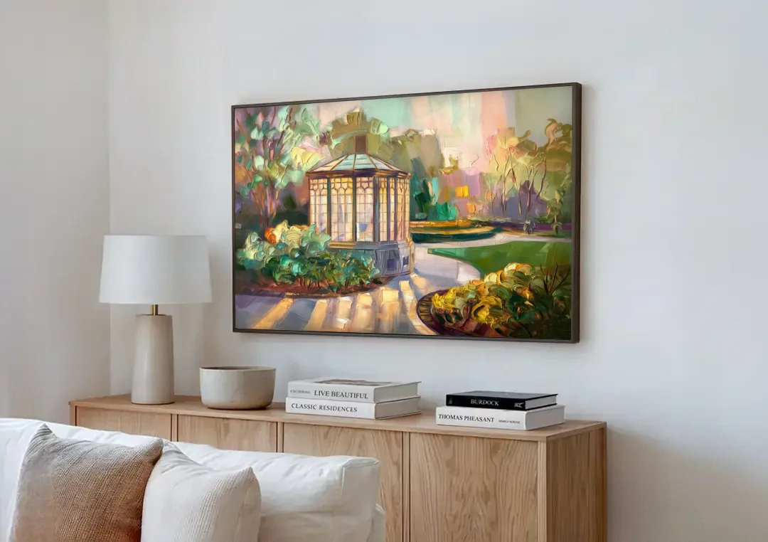 St. Louis Forest Park Landscape canvas wall art above a wooden sideboard next to a sofa