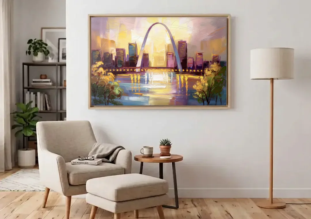 St. Louis Gateway Arch And City Lights canvas wall art above an armchair in a bright living room