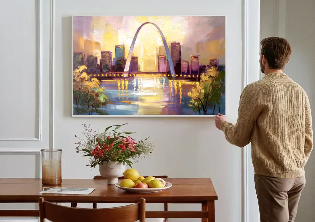 St. Louis Gateway Arch And City Lights canvas wall art above a dining table