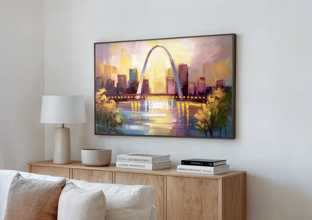 St. Louis Gateway Arch And City Lights canvas wall art above a wooden sideboard next to a sofa