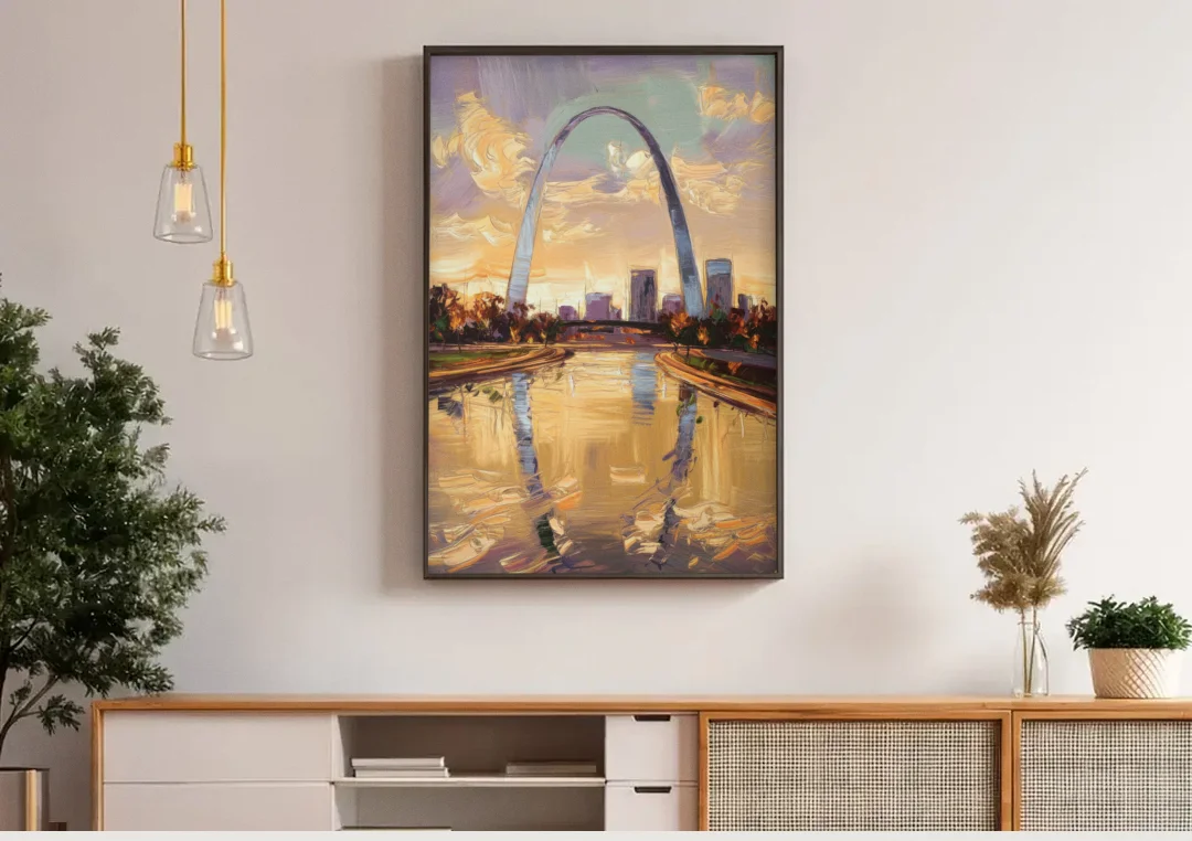 St. Louis Gateway Arch Reflection canvas wall art above a wooden sideboard under pendant lights