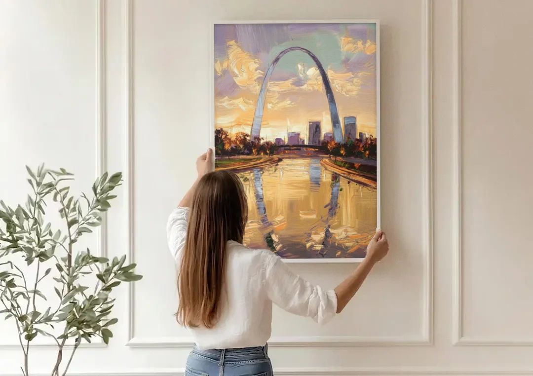St. Louis Gateway Arch Reflection canvas wall art being hung on a paneled wall