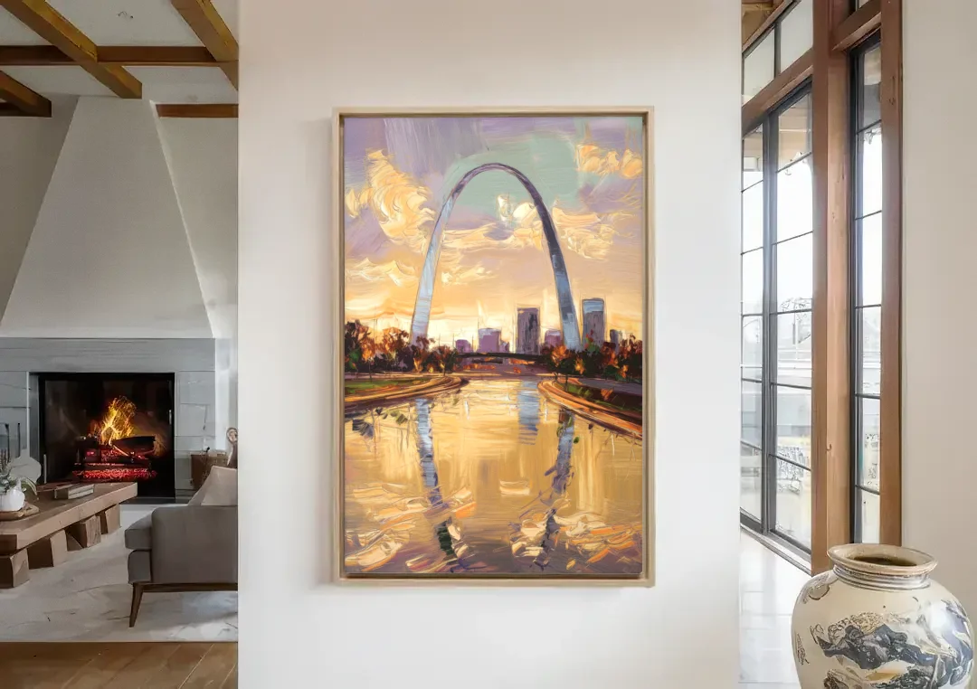 St. Louis Gateway Arch Reflection canvas wall art in a living room with a fireplace