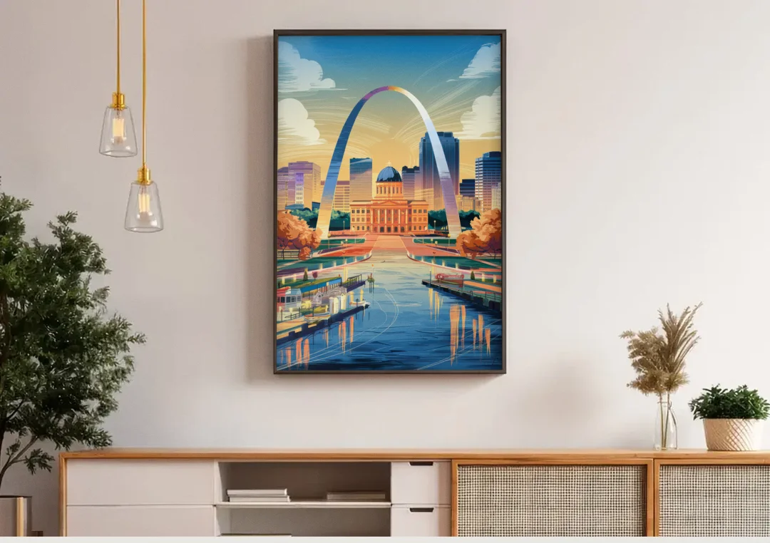 St. Louis Historic Landmarks canvas wall art above a wooden sideboard under pendant lights