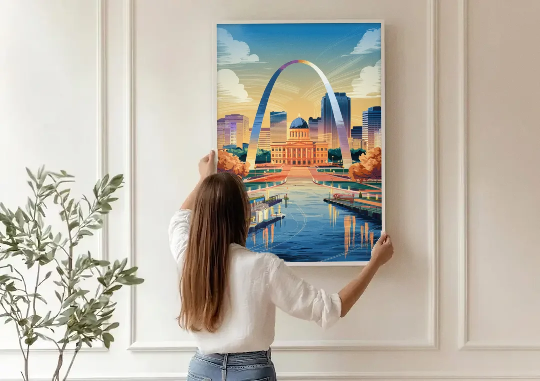 St. Louis Historic Landmarks canvas wall art being hung on a paneled wall