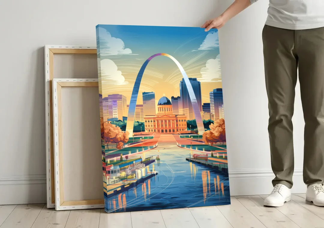 St. Louis Historic Landmarks canvas wall art leaning against a wall next to blank canvases