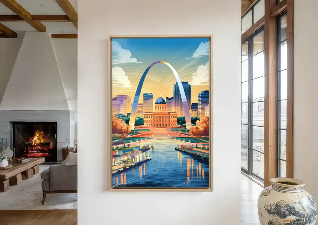 St. Louis Historic Landmarks canvas wall art in a living room with a fireplace