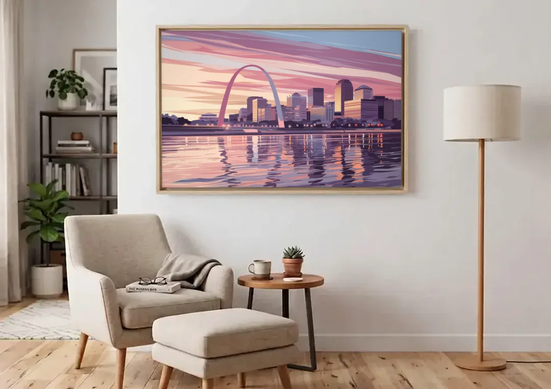 St. Louis Riverfront Panorama canvas wall art above an armchair in a bright living room