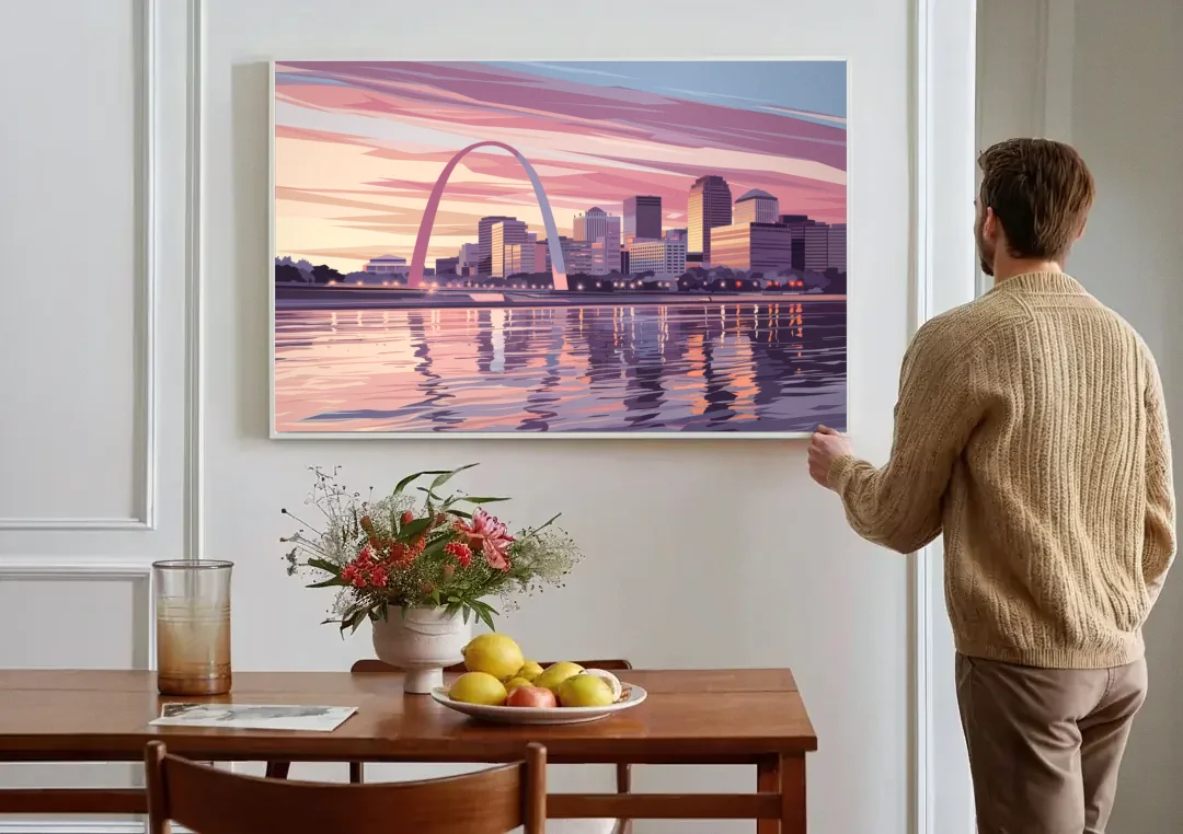 St. Louis Riverfront Panorama canvas wall art above a dining table