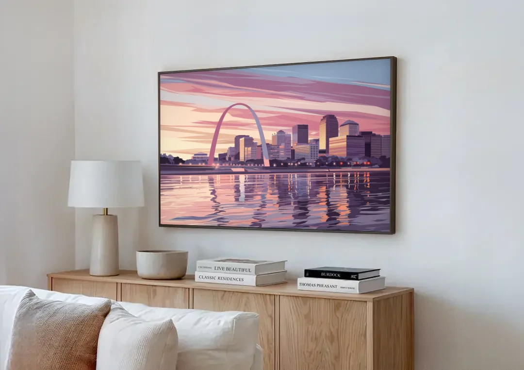 St. Louis Riverfront Panorama canvas wall art above a wooden sideboard next to a sofa