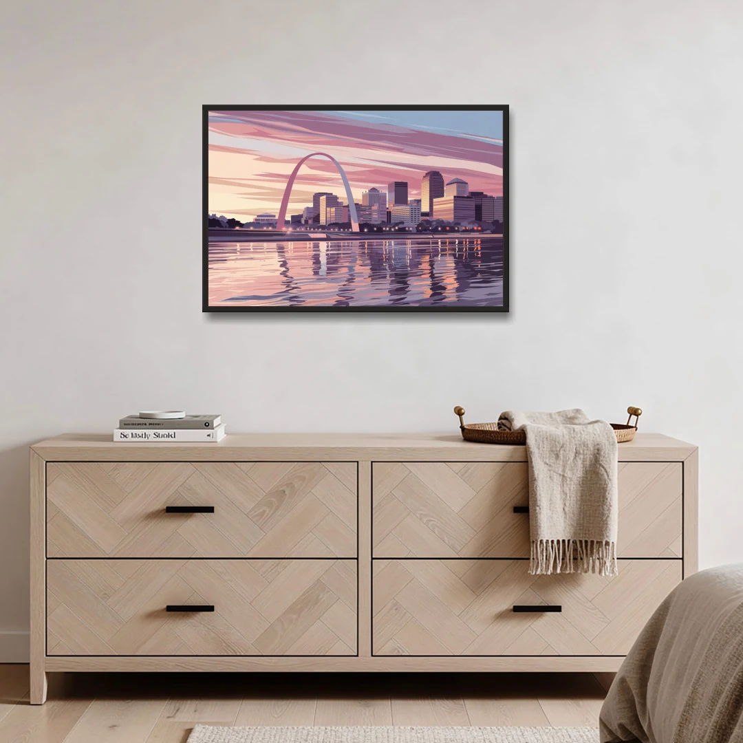 St. Louis Riverfront Panorama - Black Framed Canvas Wall Art - Coffee Table - 36x24
