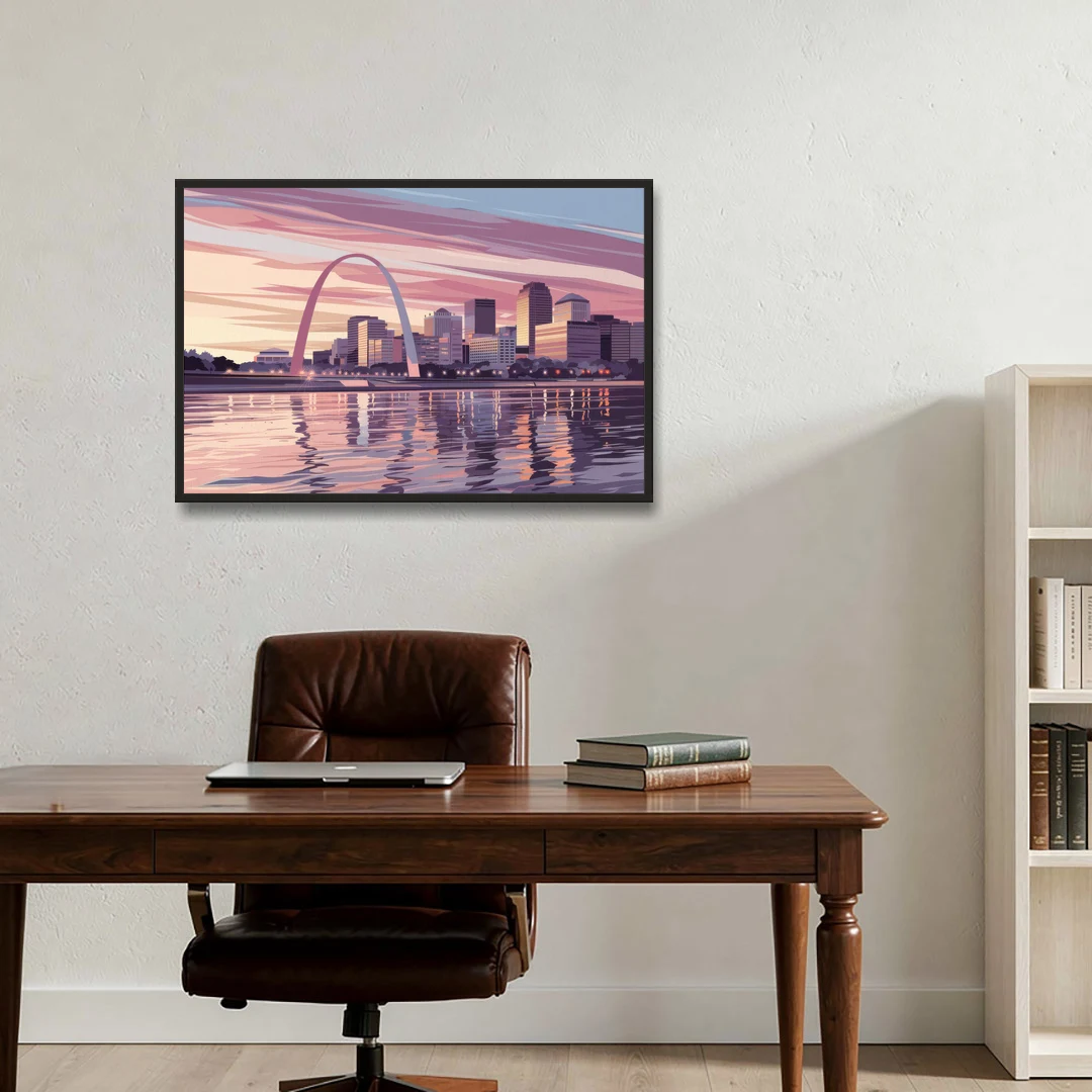 St. Louis Riverfront Panorama - Black Framed Canvas Wall Art - Office - 36x24
