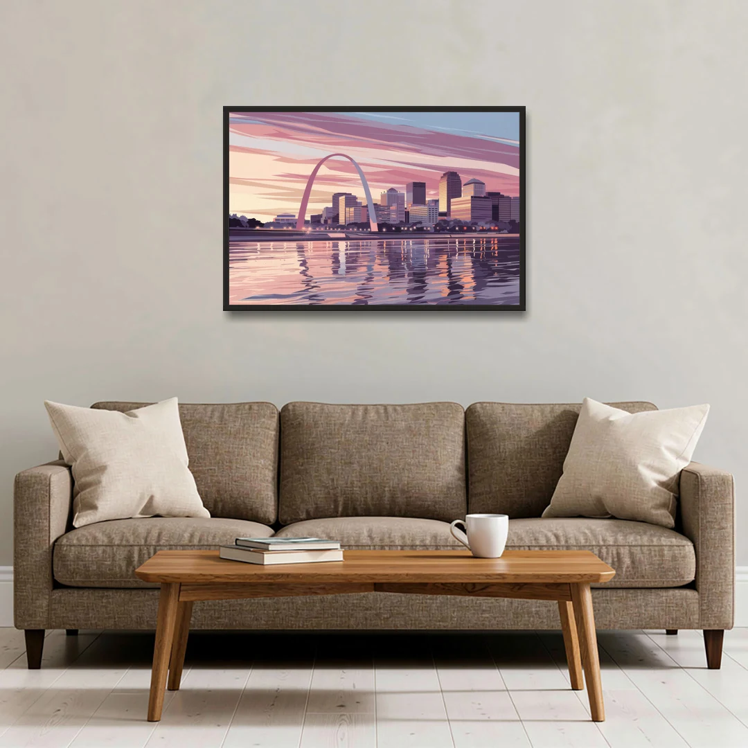 St. Louis Riverfront Panorama - Black Framed Canvas Wall Art - Sofa - 36x24