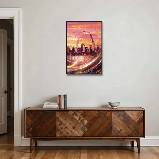 St. Louis Skyline at Sunset - Black Framed Canvas Wall Art - Coffee Table - 24x36