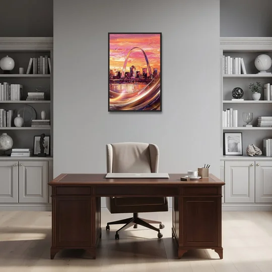 St. Louis Skyline at Sunset - Black Framed Canvas Wall Art - Office - 24x36
