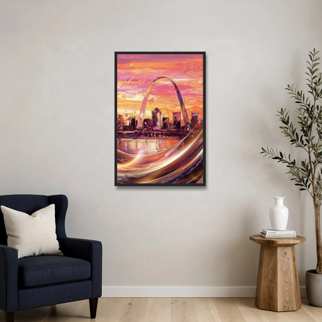 St. Louis Skyline at Sunset - Black Framed Canvas Wall Art - Sofa - 24x36