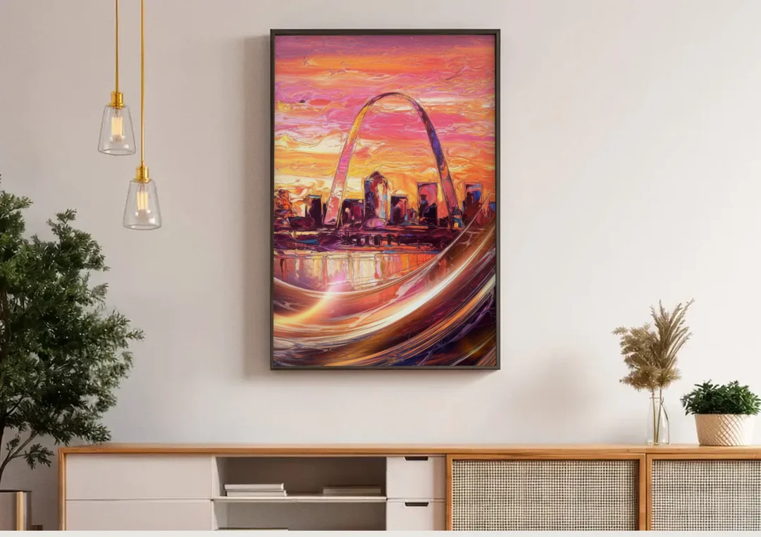 St. Louis Skyline at Sunset canvas wall art above a wooden sideboard under pendant lights