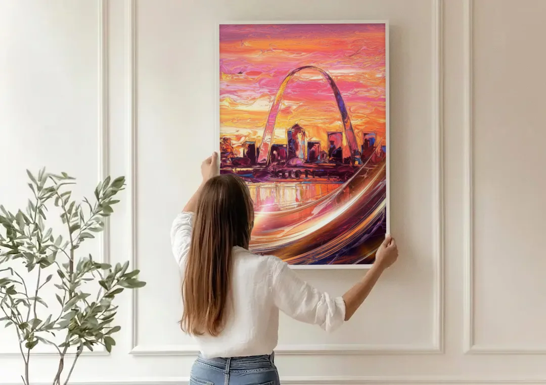 St. Louis Skyline at Sunset canvas wall art being hung on a paneled wall