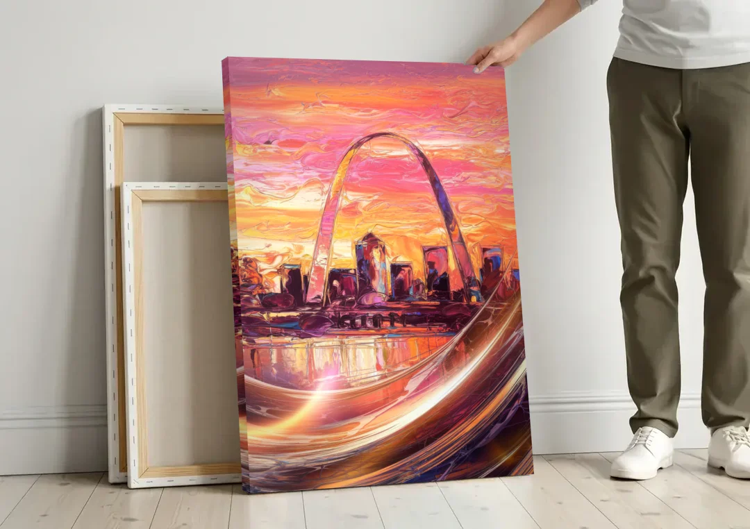 St. Louis Skyline at Sunset canvas wall art leaning against a wall next to blank canvases