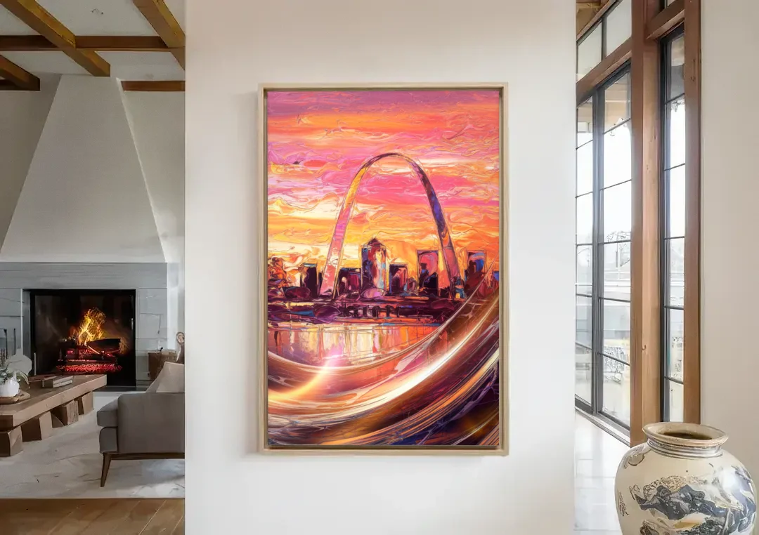 St. Louis Skyline at Sunset canvas wall art in a living room with a fireplace