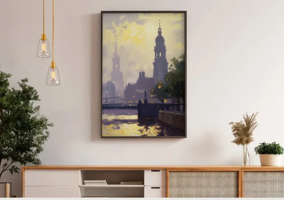 St. Michaelis Silhouette canvas wall art above a wooden sideboard under pendant lights