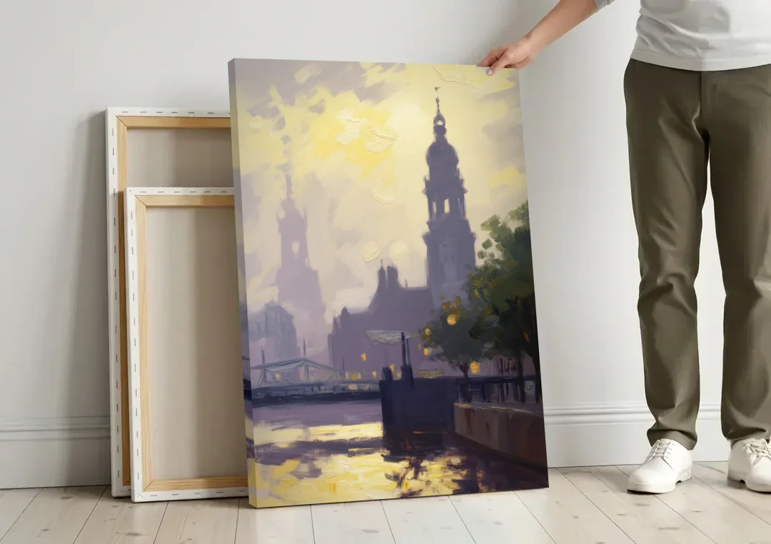 St. Michaelis Silhouette canvas wall art leaning against a wall next to blank canvases