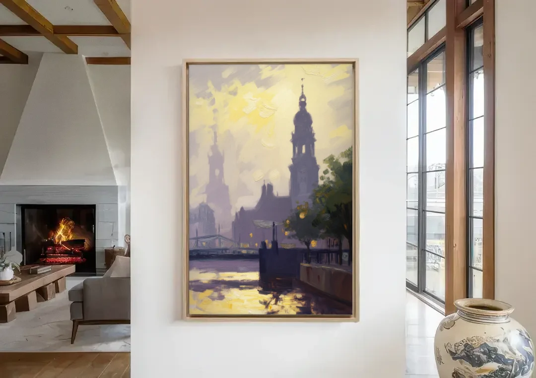 St. Michaelis Silhouette canvas wall art in a living room with a fireplace