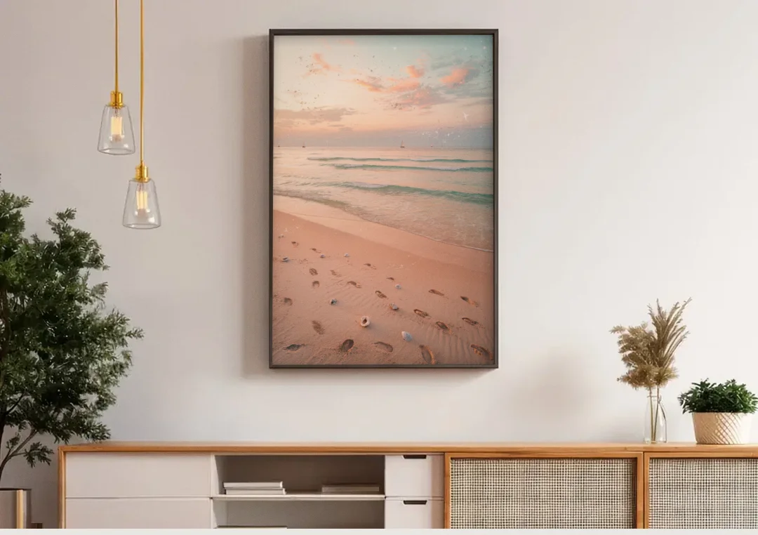 St. Petersburg Beachfront Serenity canvas wall art above a wooden sideboard under pendant lights
